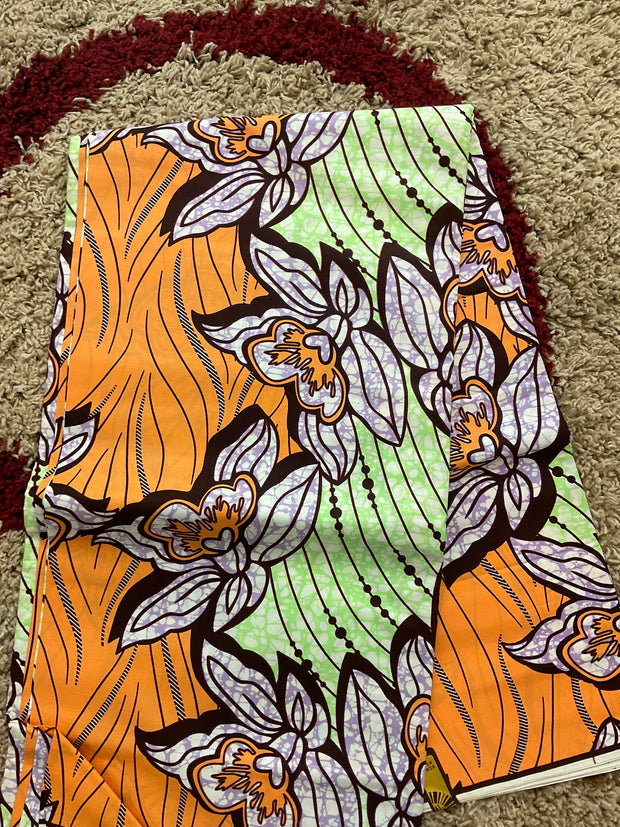 African Fabric/African Print Fabric/ Fabric Bundles/ Boho Fabric/ Fabric/Ankara-Orange Lemon Floral Design/Fabric By The Yard/Quilting/MK457