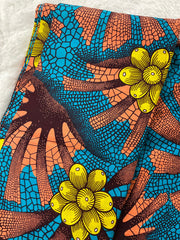 African Print Fabric/Ankara-Turquoise ,Brown ,Yellow Design/African Textiles/African Fabric/African Headwraps/Floral Fabric/Fabric SampleGT5
