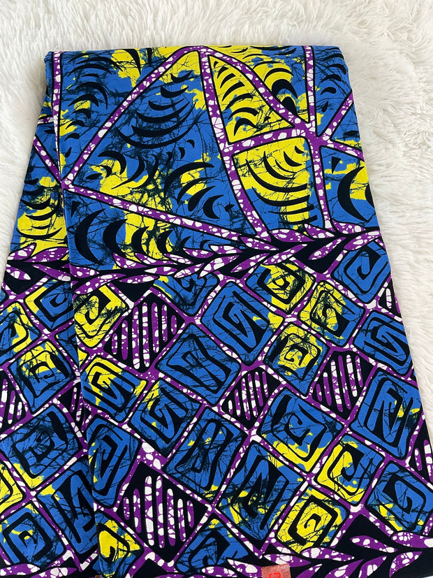 African Fabric/African Print Fabric/ Ankara-Blue,Yellow ,White Design/Crafts Fabric/MK458/Decor/Tribal/Native Fabric/Danshiki Fabric